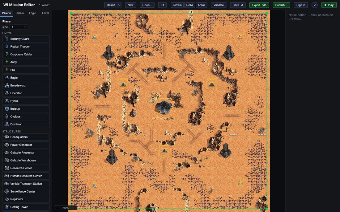 The web mission editor: a full map in the canvas, a palette of units and structures down the left, and Validate, Publish and Play controls in the toolbar.