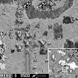 Warfare Incorporated on a grayscale Palm OS handheld: a top-down battlefield rendered in 16 shades of gray on a 160 by 160 screen.