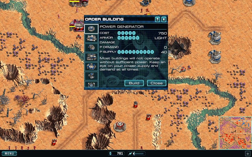 The Order Building panel open over the battlefield, showing a power generator's cost, armour and power stats.